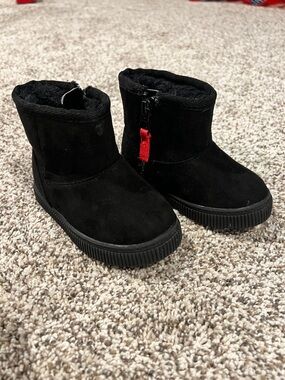 Cat & Jack Black Faux Suede Ankle Boots with Red Zip Tab